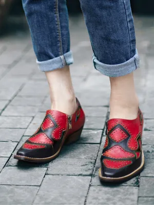 Vicconfy | Studded Red & Black Genuine Leather Loafers Pumps