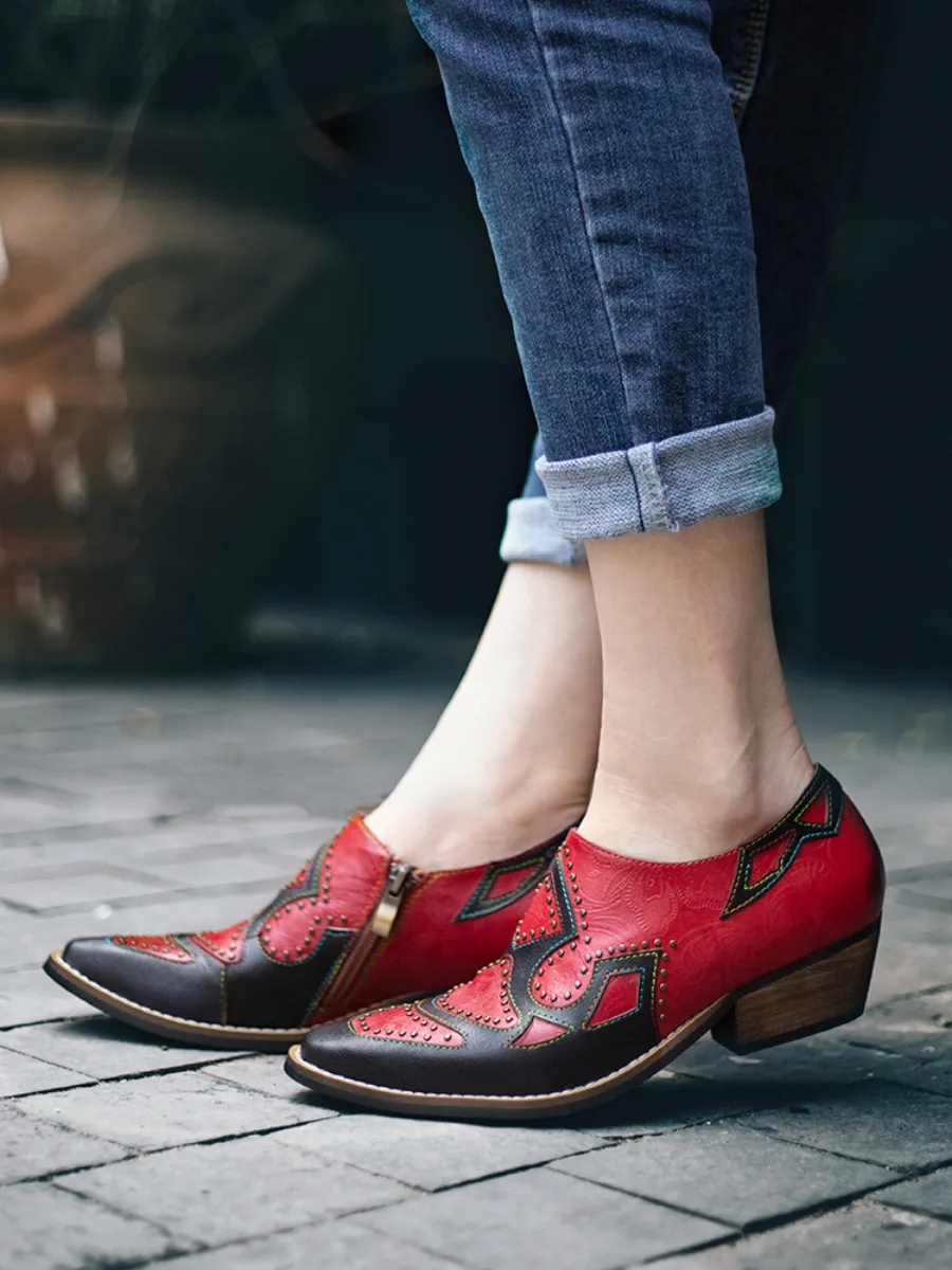 Vicconfy | Studded Red & Black Genuine Leather Loafers Pumps