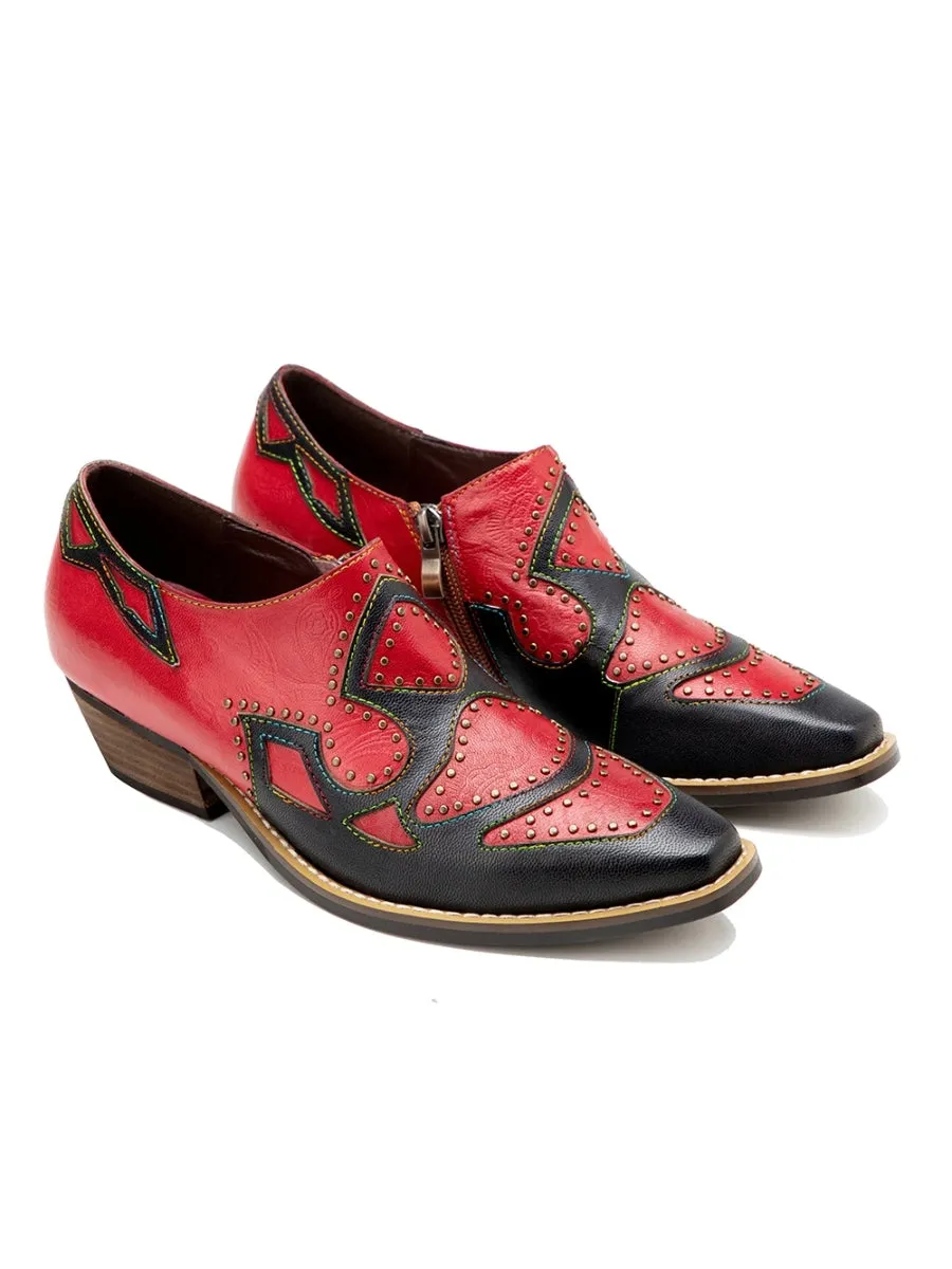 Vicconfy | Studded Red & Black Genuine Leather Loafers Pumps