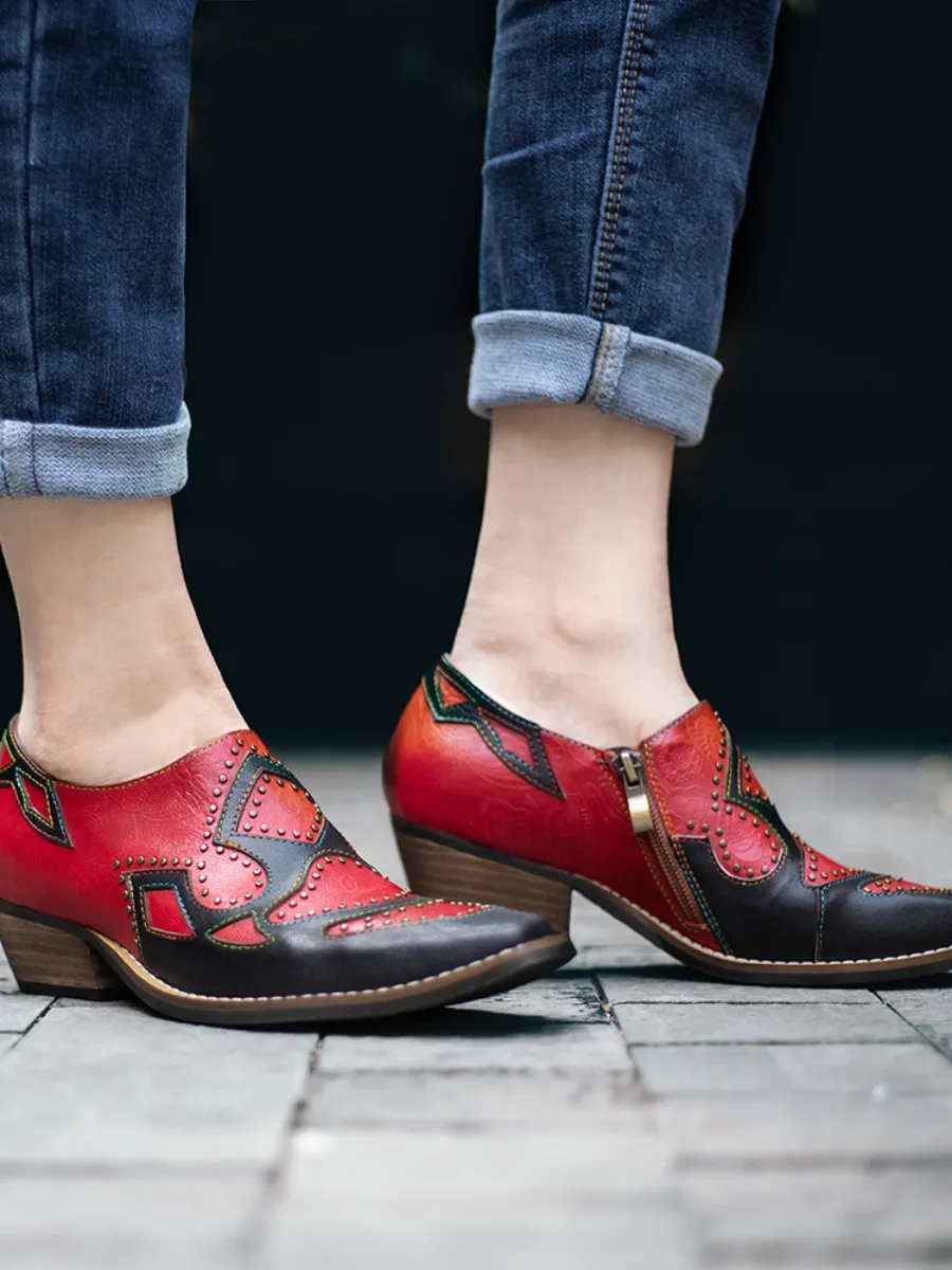 Vicconfy | Studded Red & Black Genuine Leather Loafers Pumps
