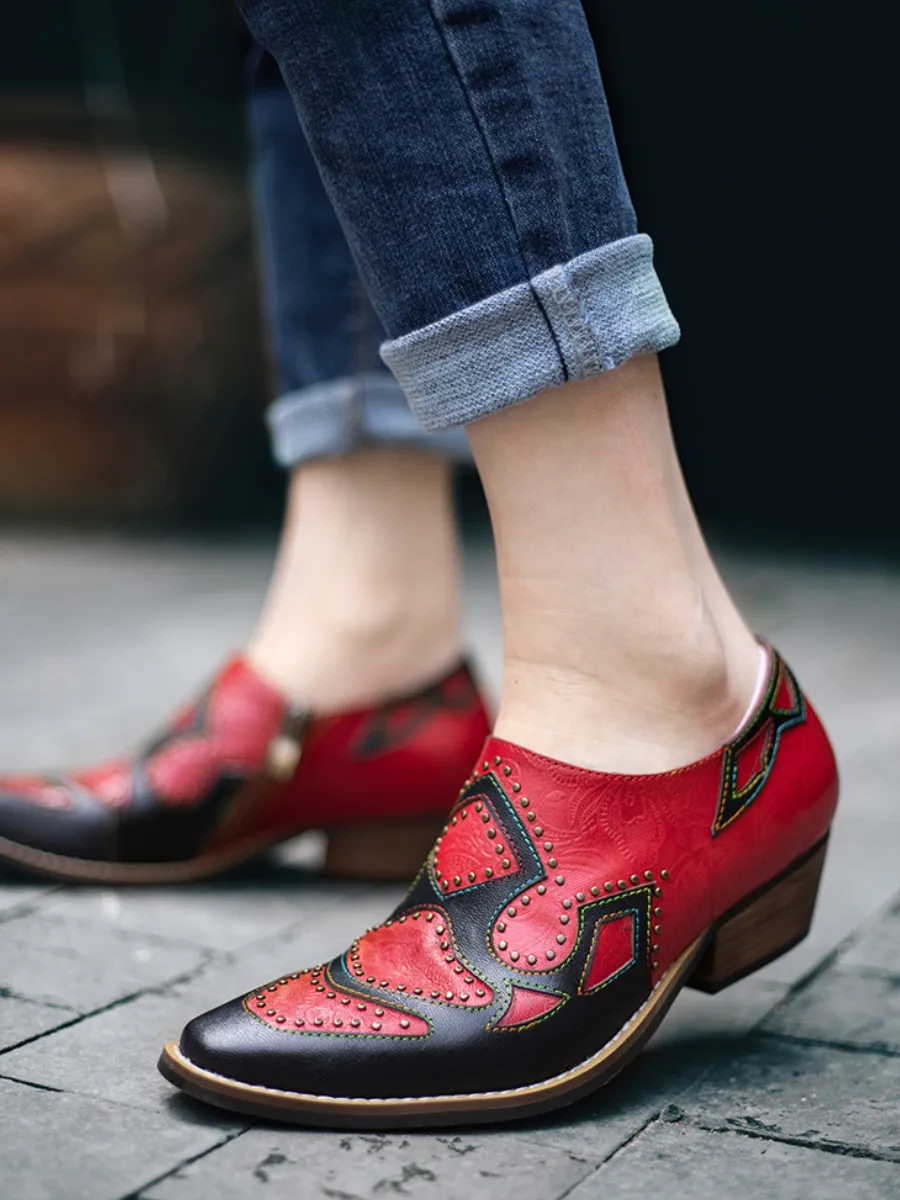 Vicconfy | Studded Red & Black Genuine Leather Loafers Pumps