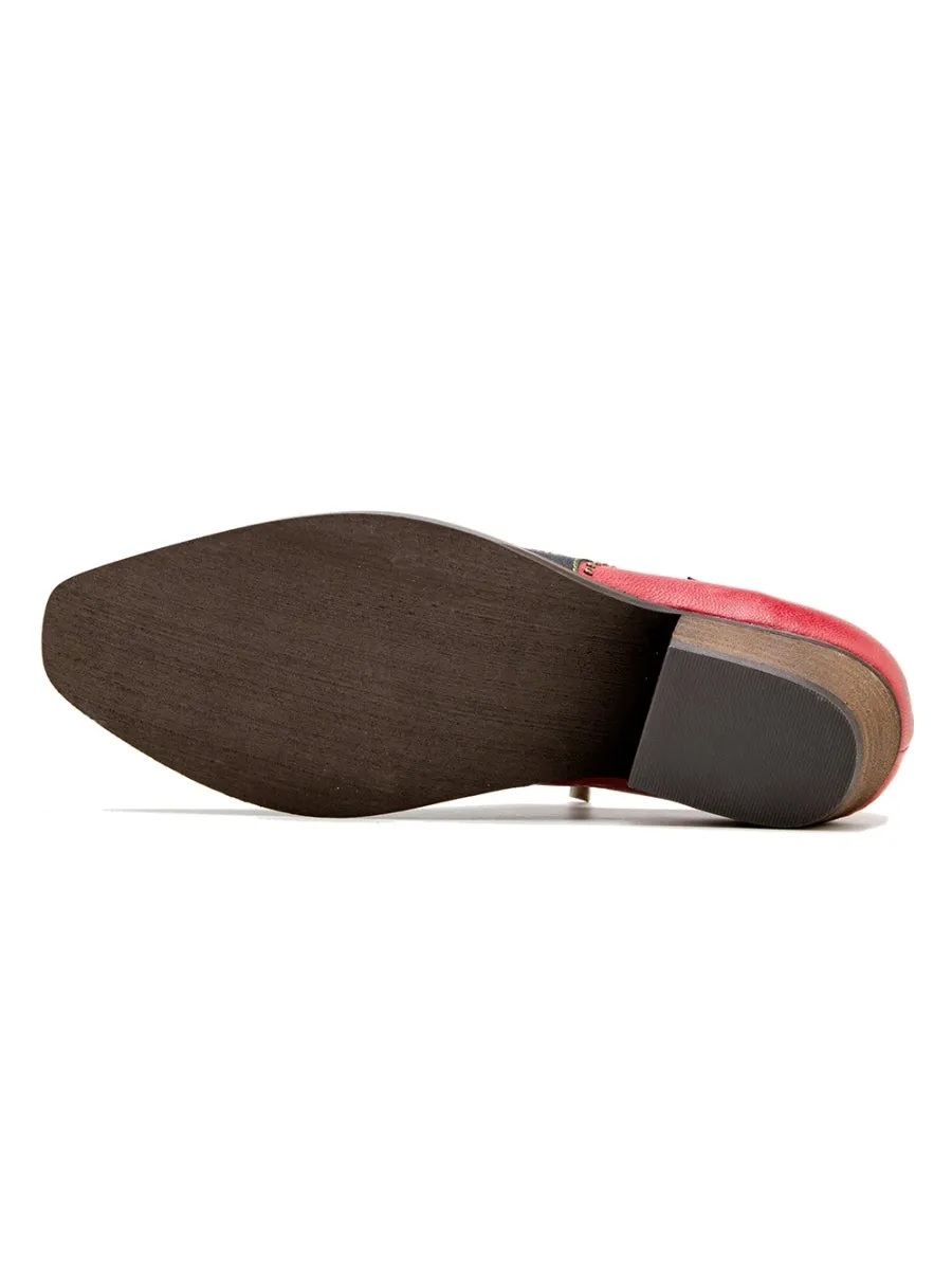 Vicconfy | Studded Red & Black Genuine Leather Loafers Pumps