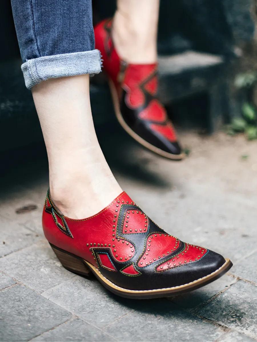 Vicconfy | Studded Red & Black Genuine Leather Loafers Pumps