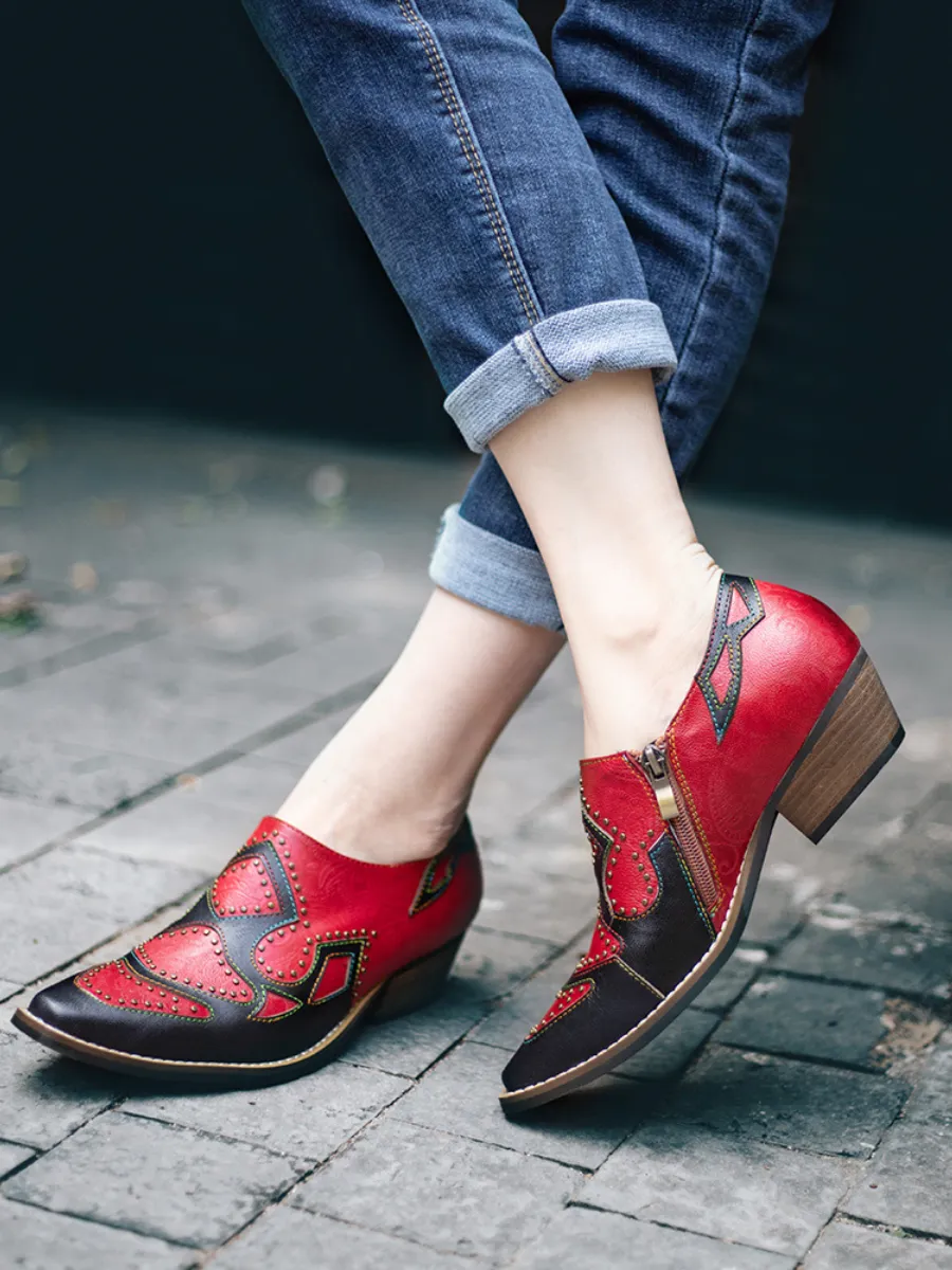 Vicconfy | Studded Red & Black Genuine Leather Loafers Pumps
