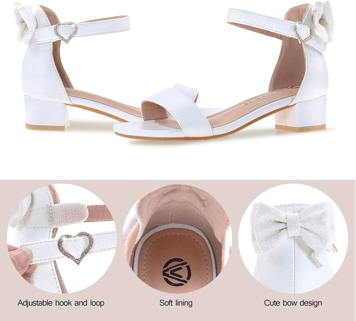 Vonair Girls Sandals Low Heels Ankle Strap Cute Heart Bow Design Flower Girls Wedding Party Dress Shoes for Little Big Kid