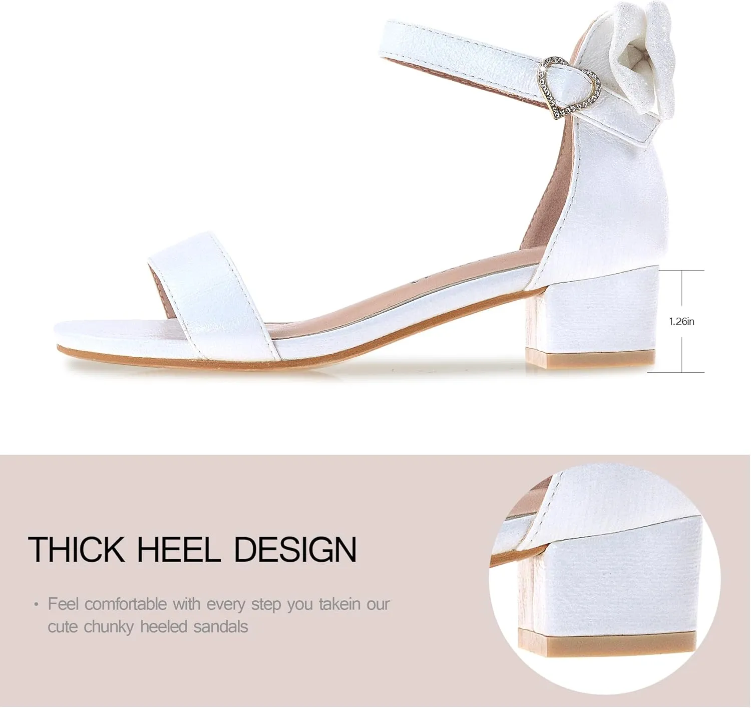 Vonair Girls Sandals Low Heels Ankle Strap Cute Heart Bow Design Flower Girls Wedding Party Dress Shoes for Little Big Kid