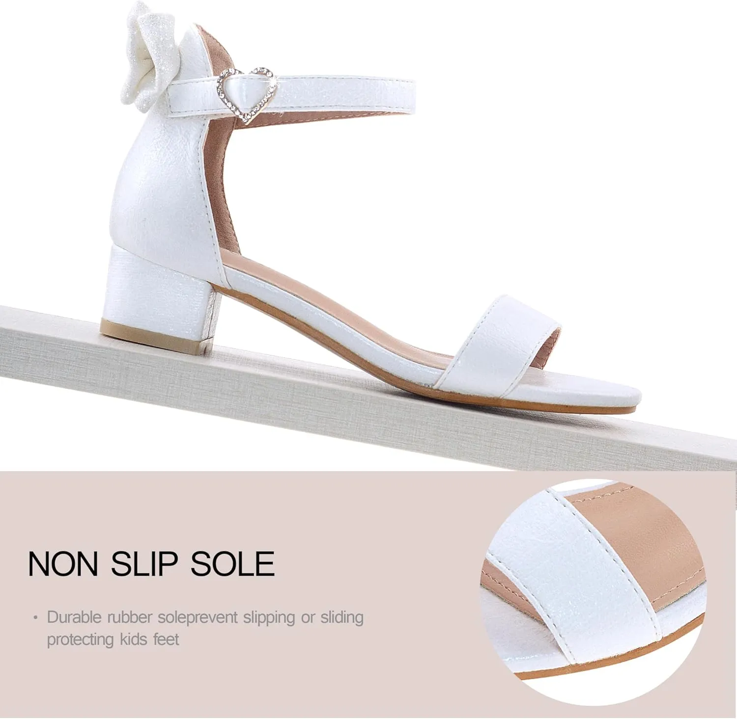 Vonair Girls Sandals Low Heels Ankle Strap Cute Heart Bow Design Flower Girls Wedding Party Dress Shoes for Little Big Kid