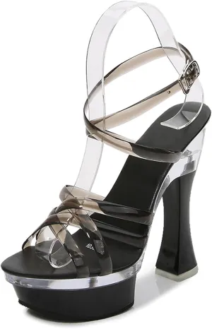 Vujkliy Women's 14CM Chunky Heel High-Heeled Sandals See-Through Cross Strap Sandals Platform Sexy Catwalk Fashion Shoes