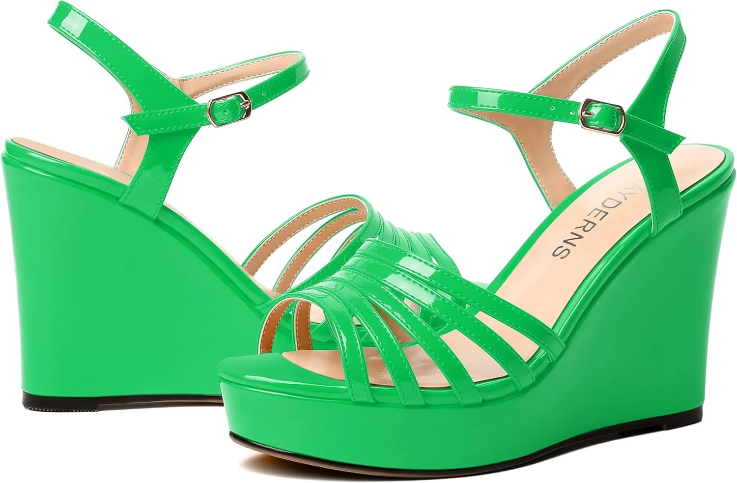 WAYDERNS Womens Ankle Strap Casual Patent Platform Dating Solid Buckle Peep Toe Wedge High Heel Heeled Sandals 4 Inch