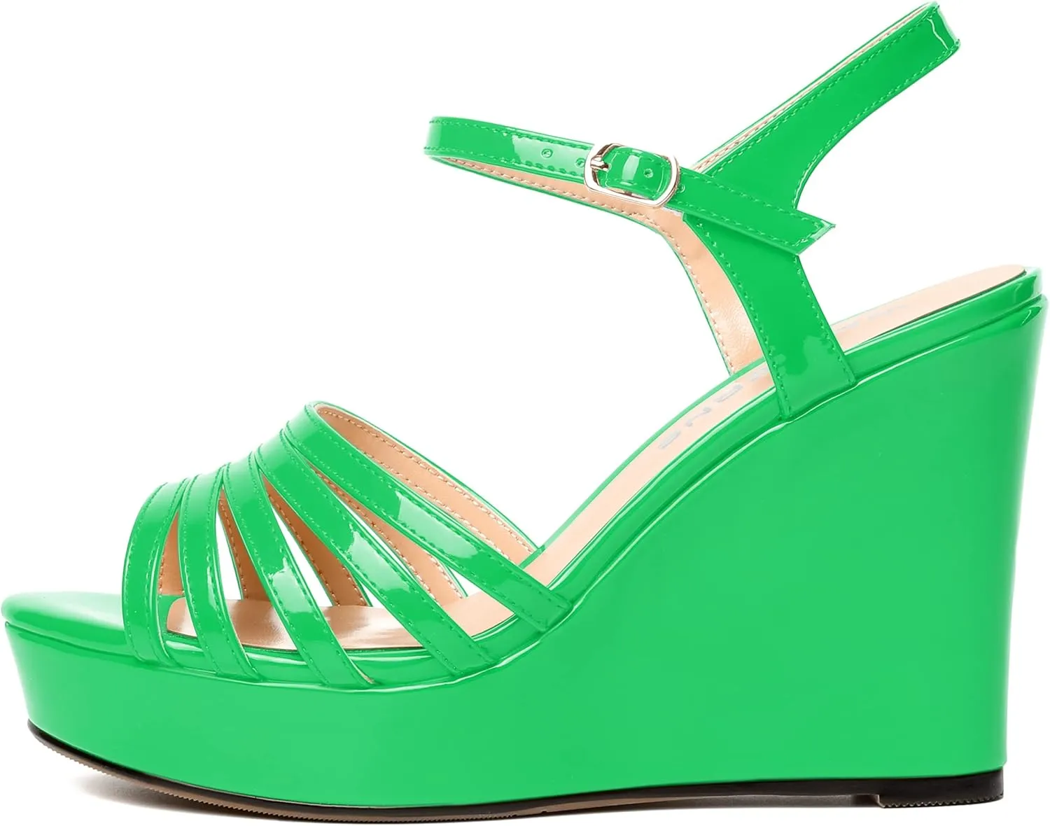 WAYDERNS Womens Ankle Strap Casual Patent Platform Dating Solid Buckle Peep Toe Wedge High Heel Heeled Sandals 4 Inch