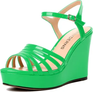WAYDERNS Womens Ankle Strap Casual Patent Platform Dating Solid Buckle Peep Toe Wedge High Heel Heeled Sandals 4 Inch