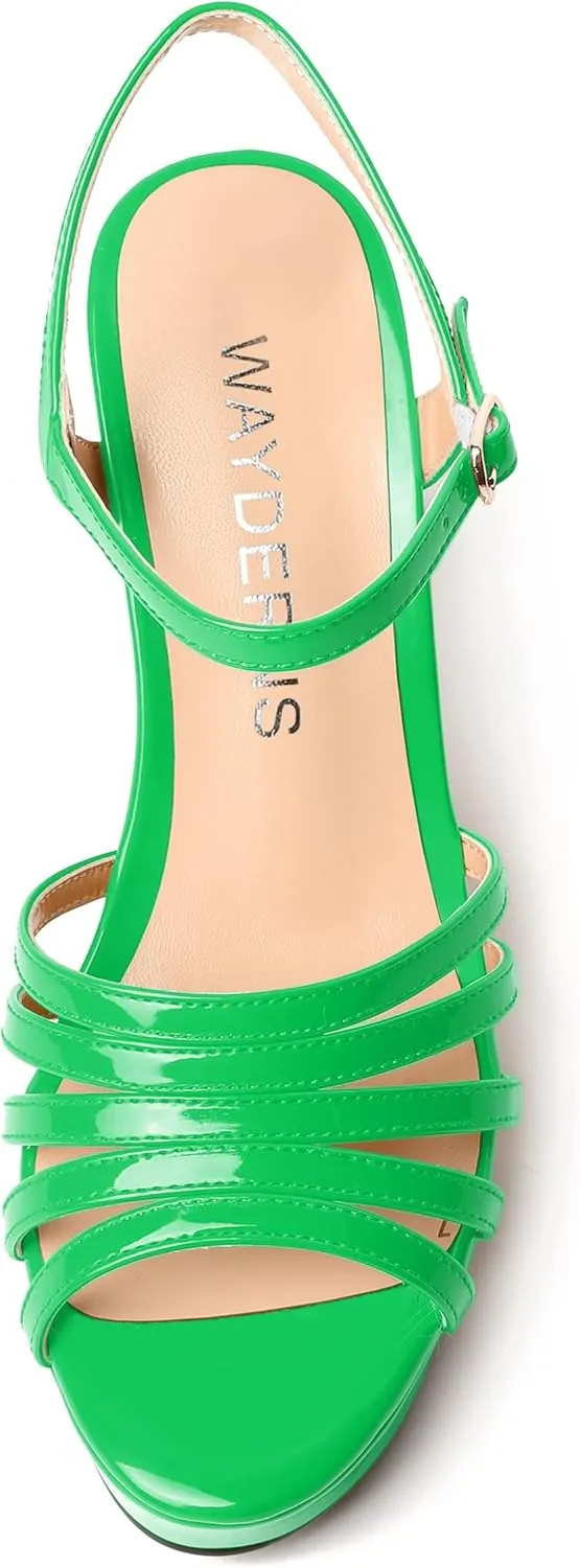 WAYDERNS Womens Ankle Strap Casual Patent Platform Dating Solid Buckle Peep Toe Wedge High Heel Heeled Sandals 4 Inch