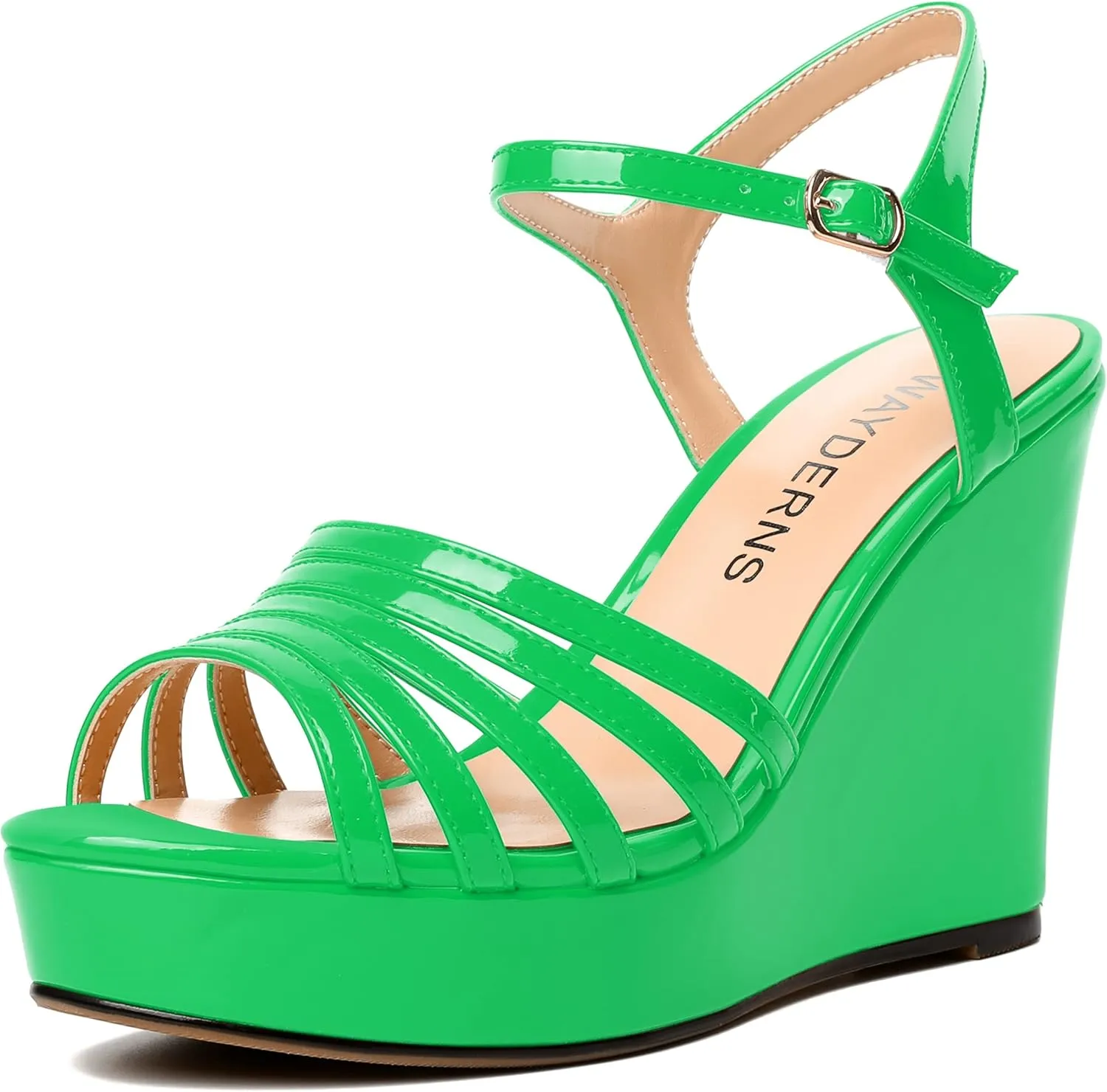 WAYDERNS Womens Ankle Strap Casual Patent Platform Dating Solid Buckle Peep Toe Wedge High Heel Heeled Sandals 4 Inch