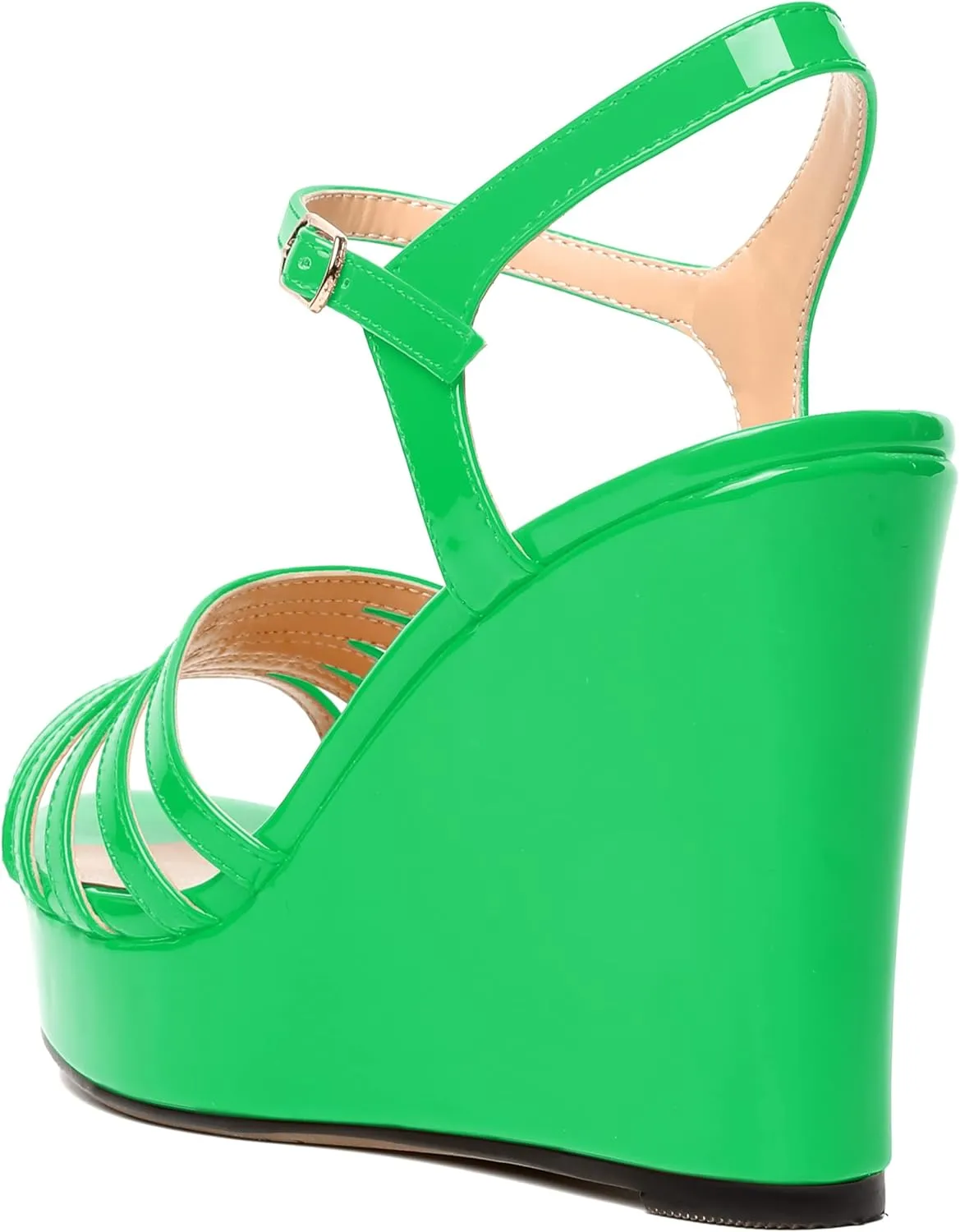 WAYDERNS Womens Ankle Strap Casual Patent Platform Dating Solid Buckle Peep Toe Wedge High Heel Heeled Sandals 4 Inch