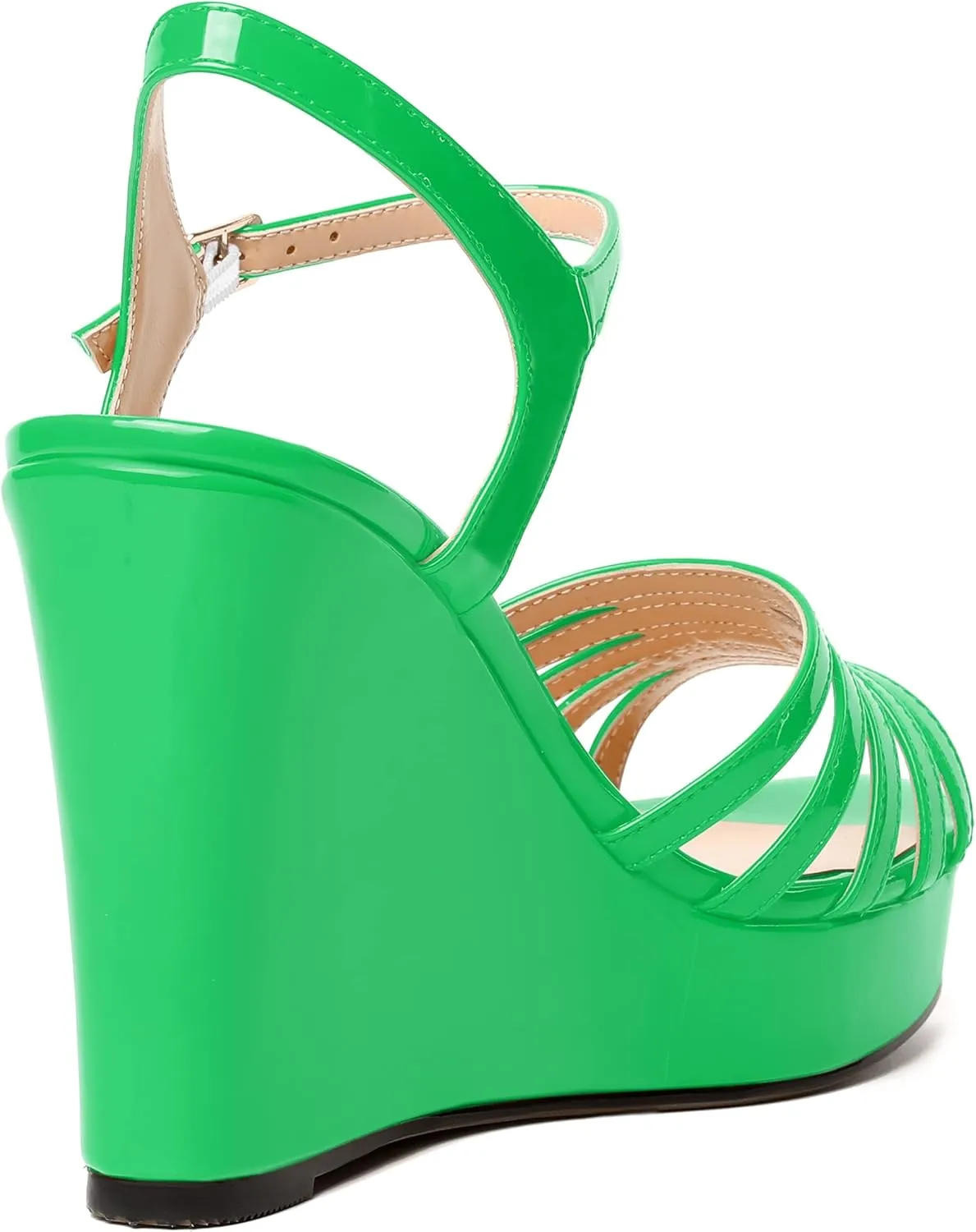 WAYDERNS Womens Ankle Strap Casual Patent Platform Dating Solid Buckle Peep Toe Wedge High Heel Heeled Sandals 4 Inch