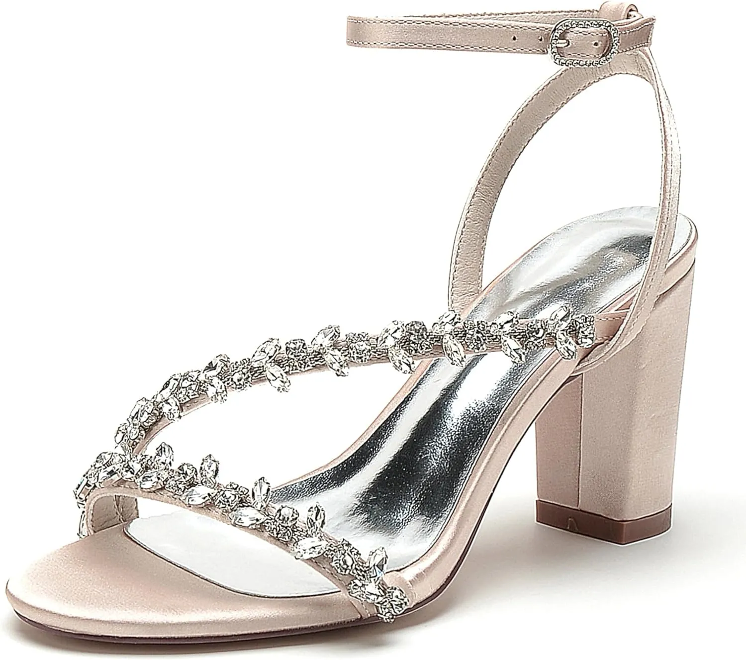Wedding Bride Shoes Sandal Shoes Open Toe Block Heel Satin Rhinestones Women High Heels Formal Party Heeled Sandals 8.5Cm