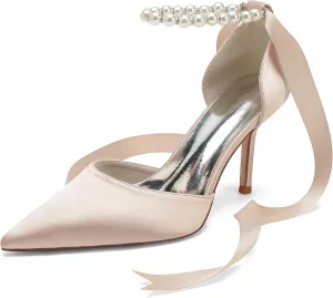 Wedding Bride Shoes Satin Pearl Pointed Toe Ribbon Women High Heels Pumps for Bridal/Prom/Evening/Cocktail/Bridesmaid/Party 8.5Cm