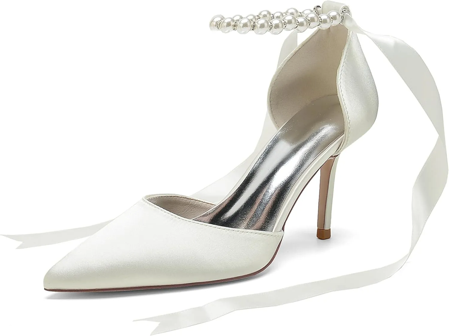 Wedding Bride Shoes Satin Pearl Pointed Toe Ribbon Women High Heels Pumps for Bridal/Prom/Evening/Cocktail/Bridesmaid/Party 8.5Cm