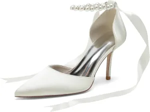 Wedding Bride Shoes Satin Pearl Pointed Toe Ribbon Women High Heels Pumps for Bridal/Prom/Evening/Cocktail/Bridesmaid/Party 8.5Cm