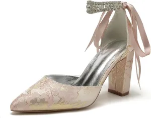 Wedding Shoes for Bride Closed Toe Block Heel Womens High Heels Pointed Toe Pumps Bridal Shoes Bowknot Strap Pearl Sandals Floral Satin Evening,Pink,9