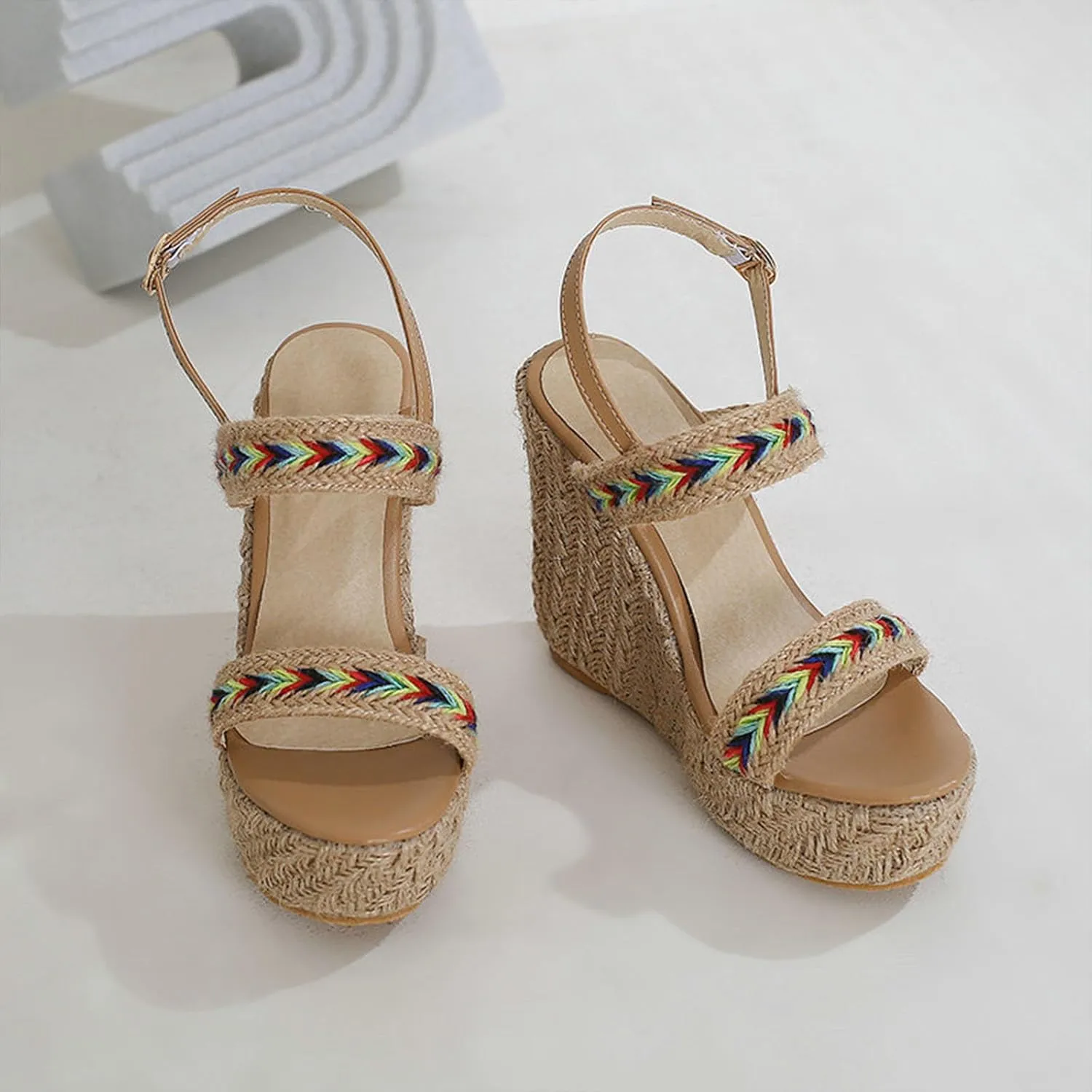 Wedge Open Toe Pumps Sandals for Women, Platform High heel Peep Toe Sandals Ankle Strap Straw Crochet High Pumps Shoes 12 CM