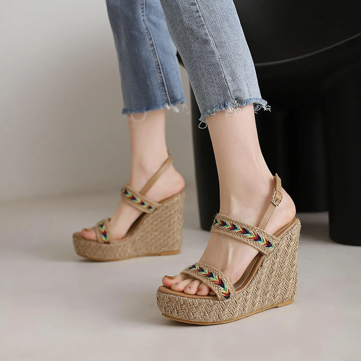 Wedge Open Toe Pumps Sandals for Women, Platform High heel Peep Toe Sandals Ankle Strap Straw Crochet High Pumps Shoes 12 CM
