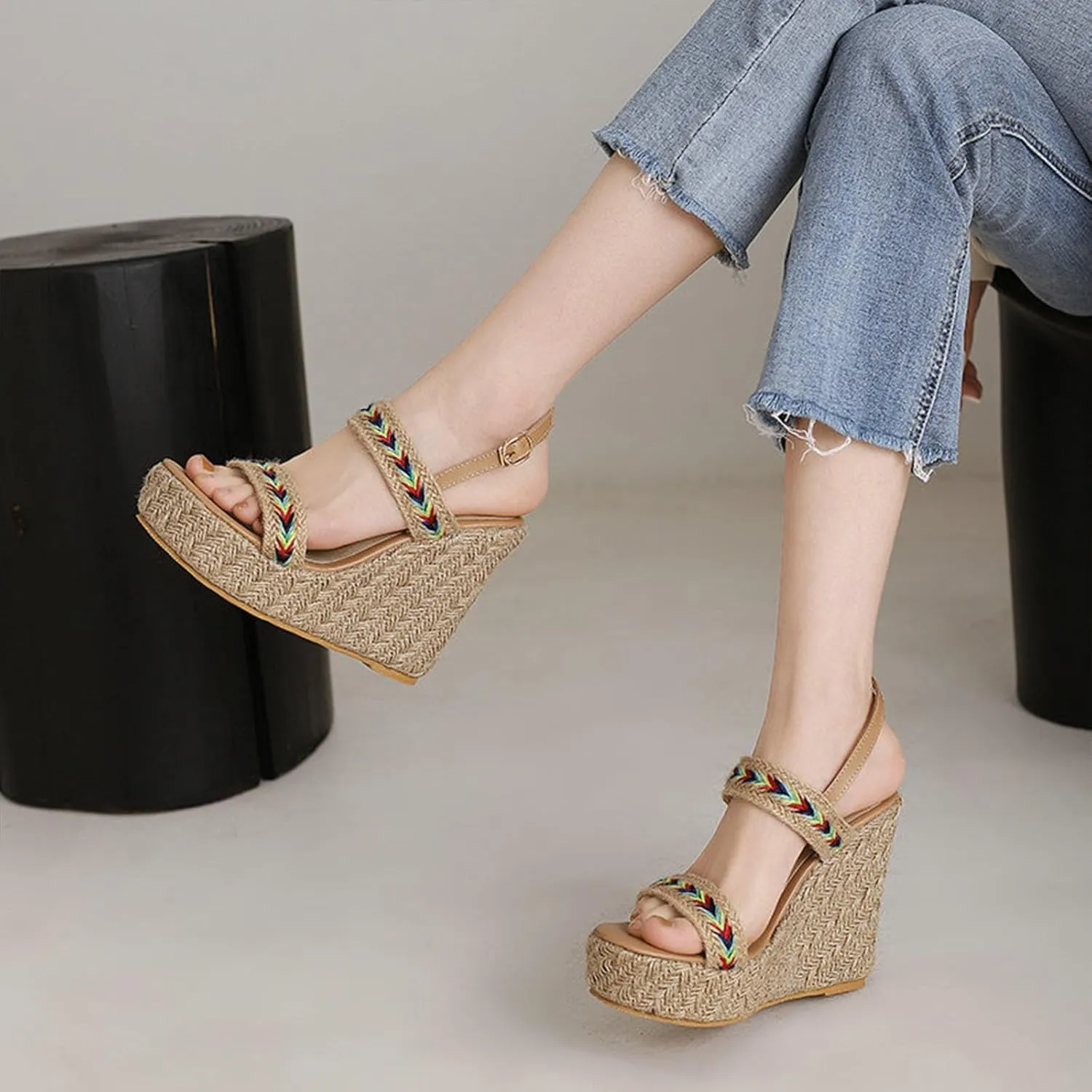 Wedge Open Toe Pumps Sandals for Women, Platform High heel Peep Toe Sandals Ankle Strap Straw Crochet High Pumps Shoes 12 CM