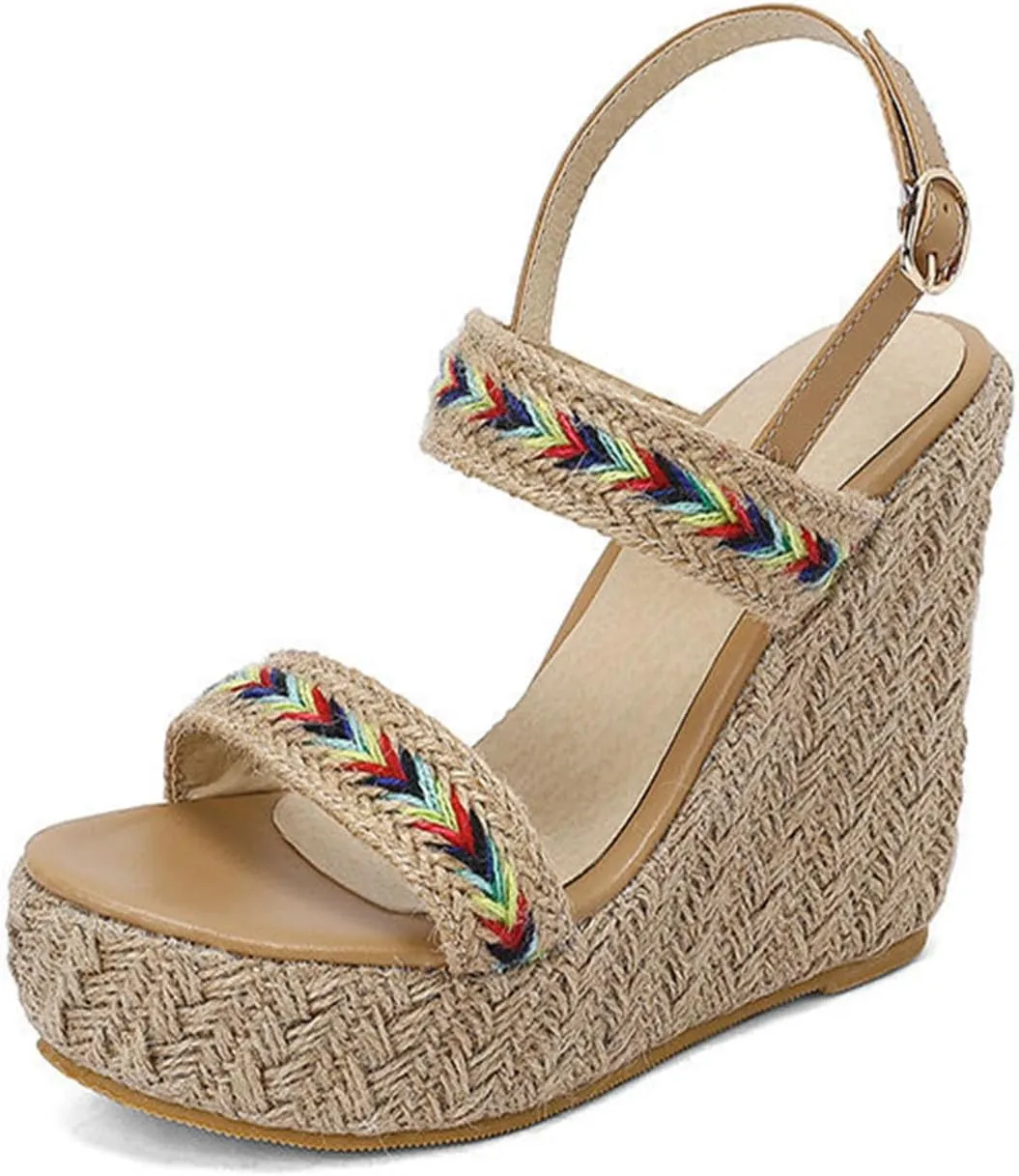 Wedge Open Toe Pumps Sandals for Women, Platform High heel Peep Toe Sandals Ankle Strap Straw Crochet High Pumps Shoes 12 CM
