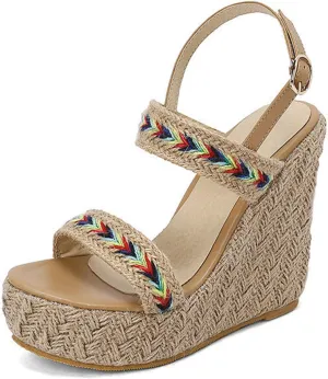 Wedge Open Toe Pumps Sandals for Women, Platform High heel Peep Toe Sandals Ankle Strap Straw Crochet High Pumps Shoes 12 CM