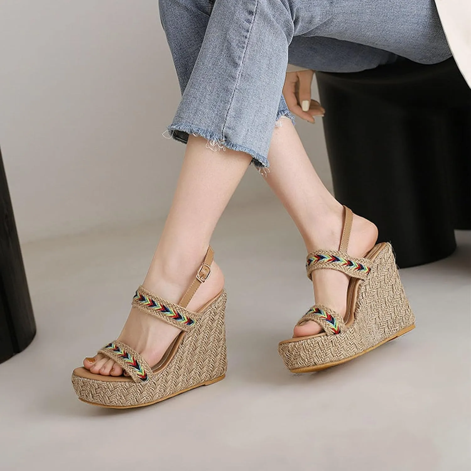 Wedge Open Toe Pumps Sandals for Women, Platform High heel Peep Toe Sandals Ankle Strap Straw Crochet High Pumps Shoes 12 CM