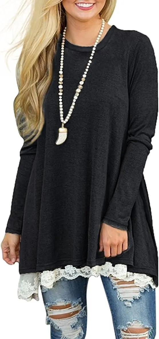 WEKILI Women's Tops Long Sleeve Lace Scoop Neck A-line Tunic Blouse