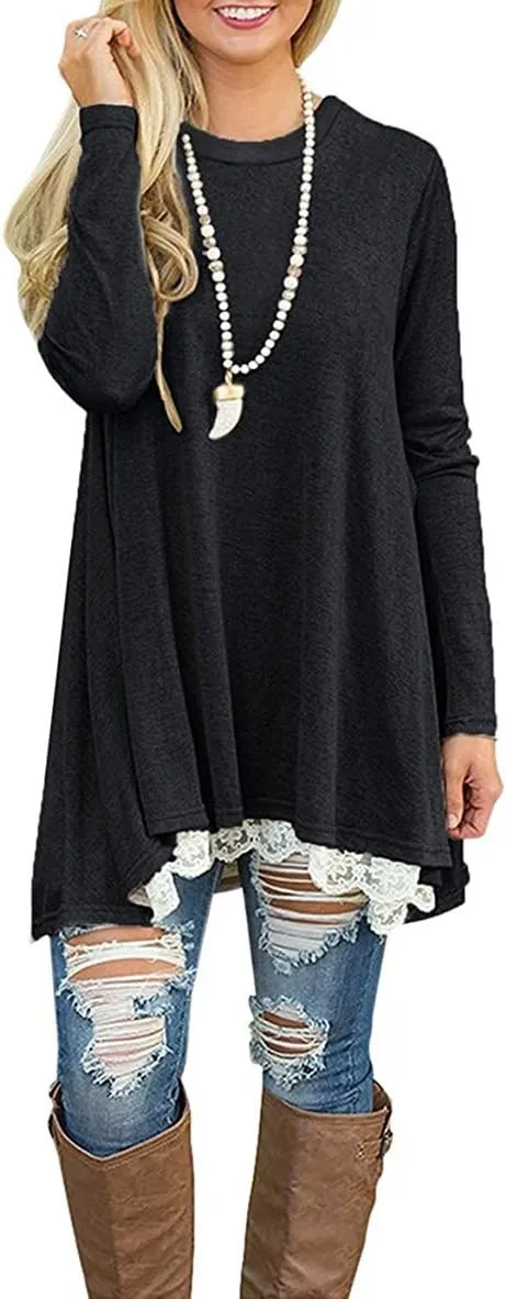 WEKILI Women's Tops Long Sleeve Lace Scoop Neck A-line Tunic Blouse