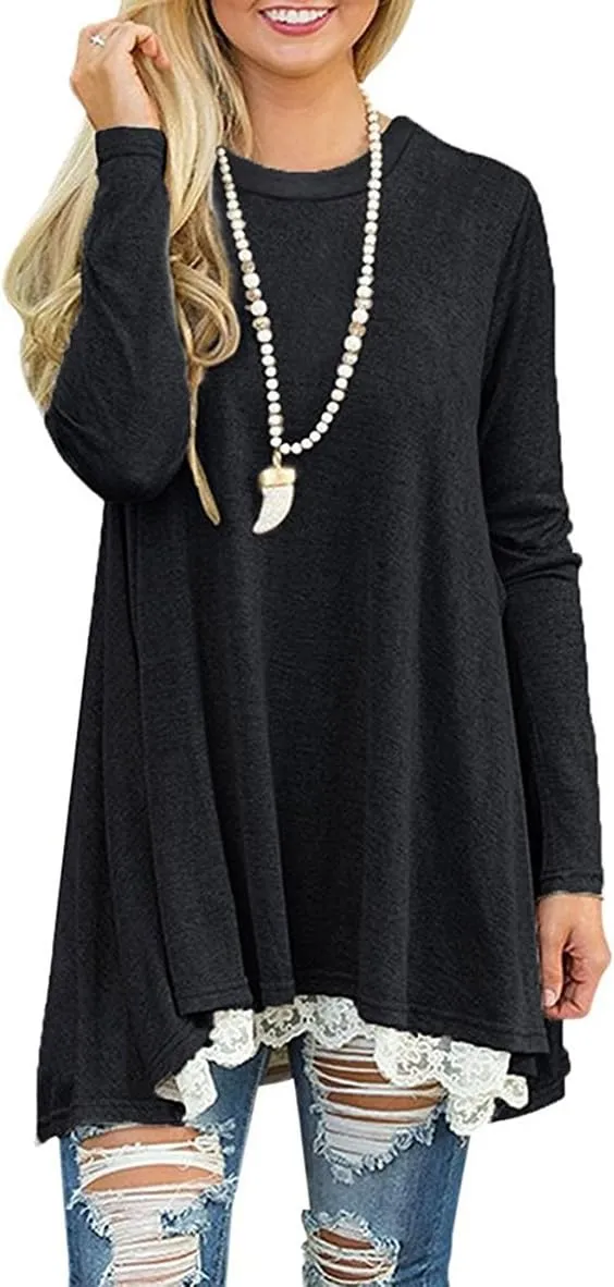 WEKILI Women's Tops Long Sleeve Lace Scoop Neck A-line Tunic Blouse