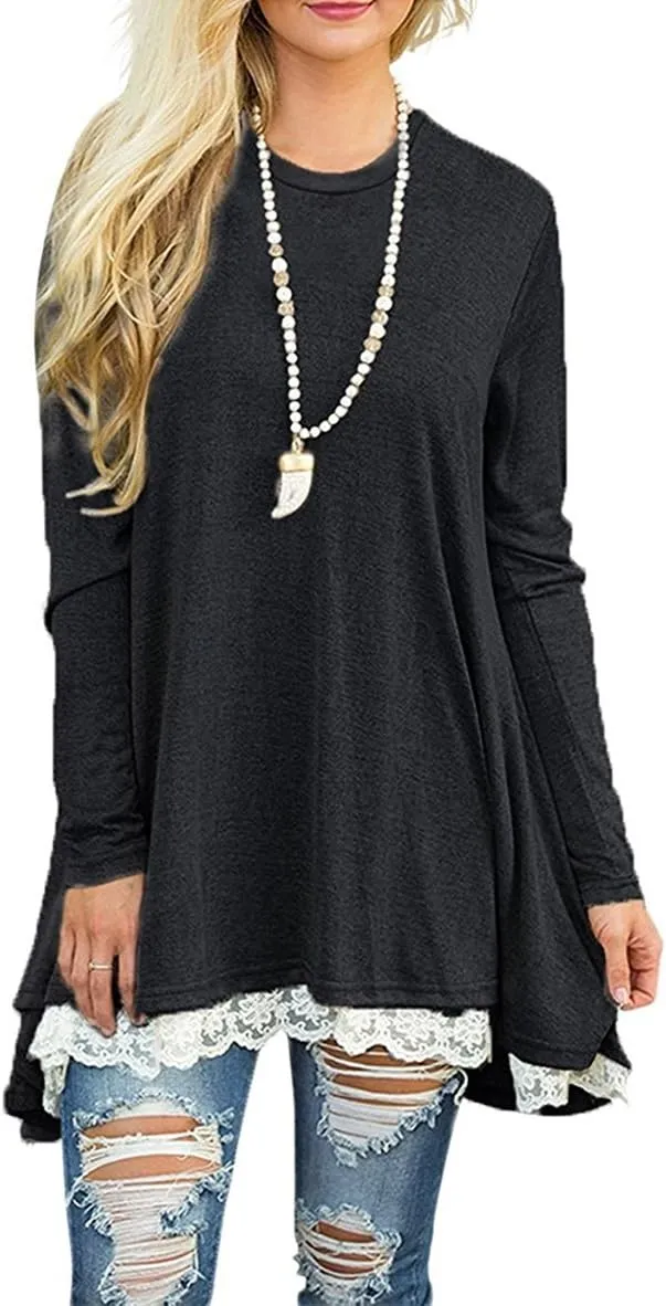 WEKILI Women's Tops Long Sleeve Lace Scoop Neck A-line Tunic Blouse