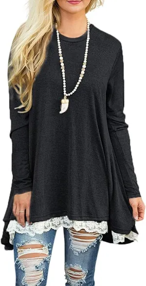 WEKILI Women's Tops Long Sleeve Lace Scoop Neck A-line Tunic Blouse