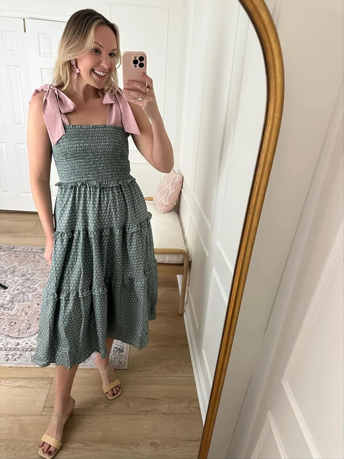 Wenrine Womens Summer Floral Maxi Dress Smocked Tie Shoulder Boho Sleeveless Ruffle Tiered Casual Beach Dresses