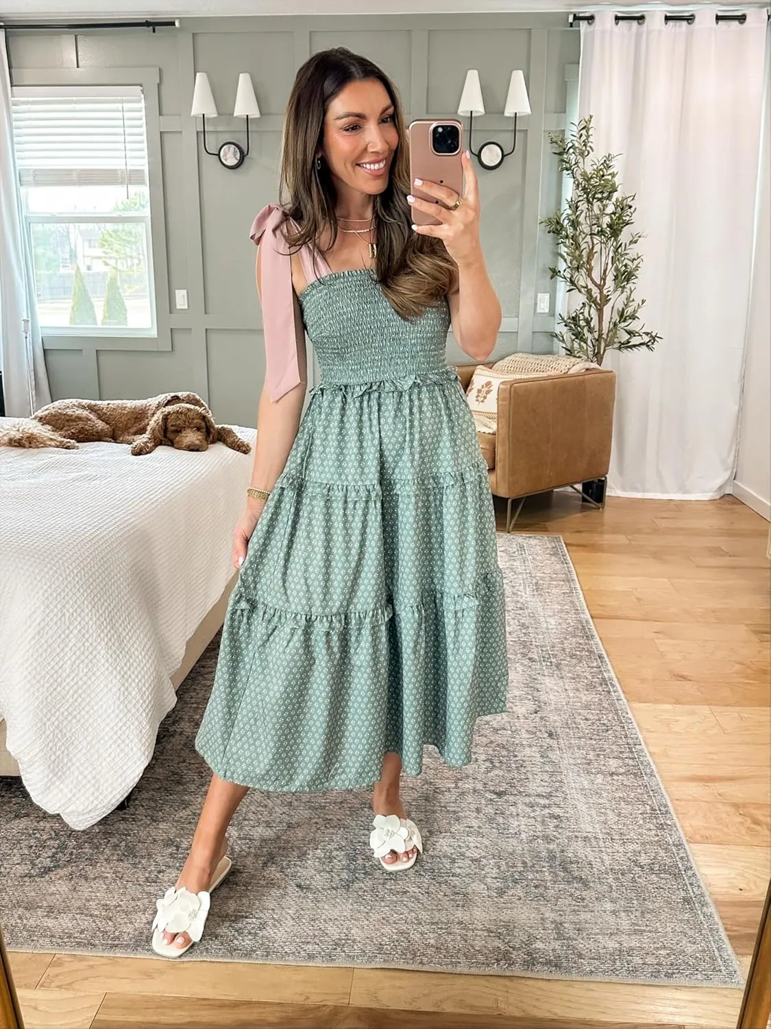 Wenrine Womens Summer Floral Maxi Dress Smocked Tie Shoulder Boho Sleeveless Ruffle Tiered Casual Beach Dresses