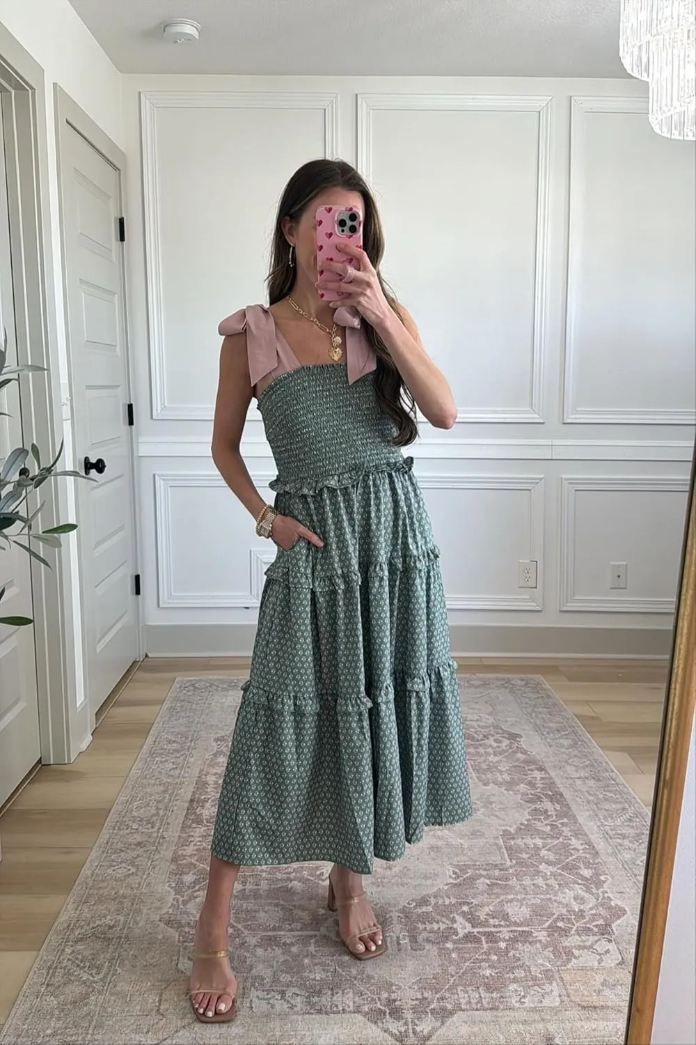 Wenrine Womens Summer Floral Maxi Dress Smocked Tie Shoulder Boho Sleeveless Ruffle Tiered Casual Beach Dresses
