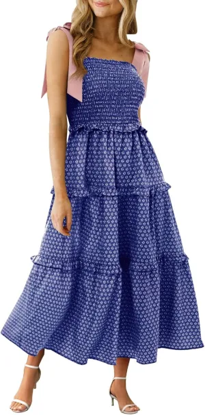Wenrine Womens Summer Floral Maxi Dress Smocked Tie Shoulder Boho Sleeveless Ruffle Tiered Casual Beach Dresses