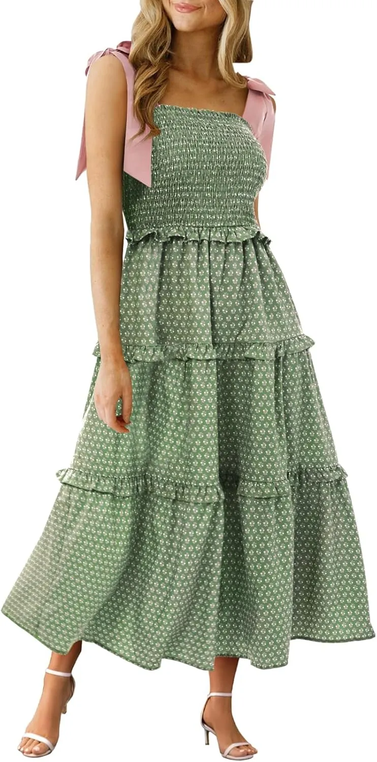 Wenrine Womens Summer Floral Maxi Dress Smocked Tie Shoulder Boho Sleeveless Ruffle Tiered Casual Beach Dresses