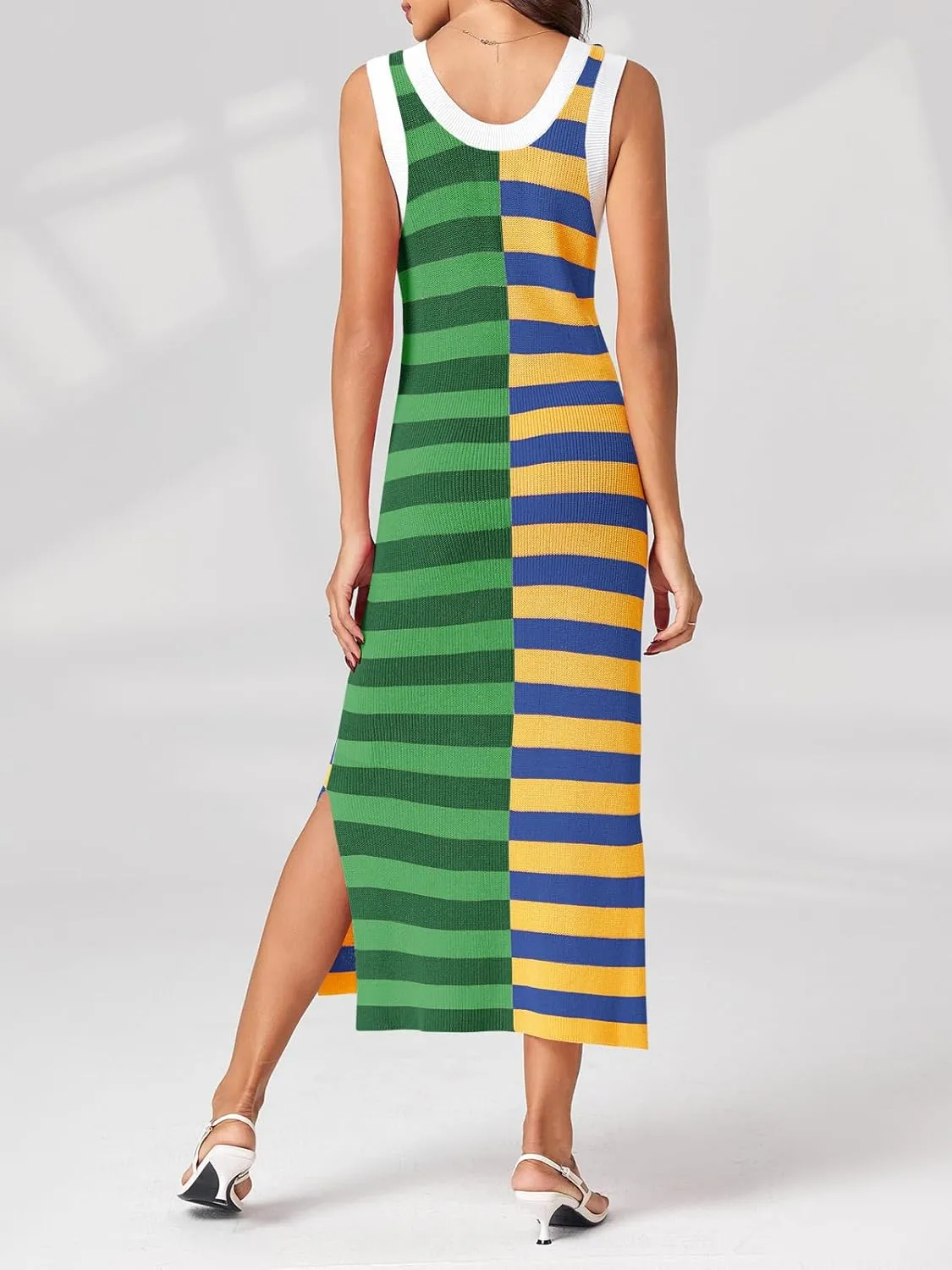 Wenrine Womens Summer Striped Dress Sleeveless Knitted Contrast Color Side Slit Casual Maxi Beach Dress