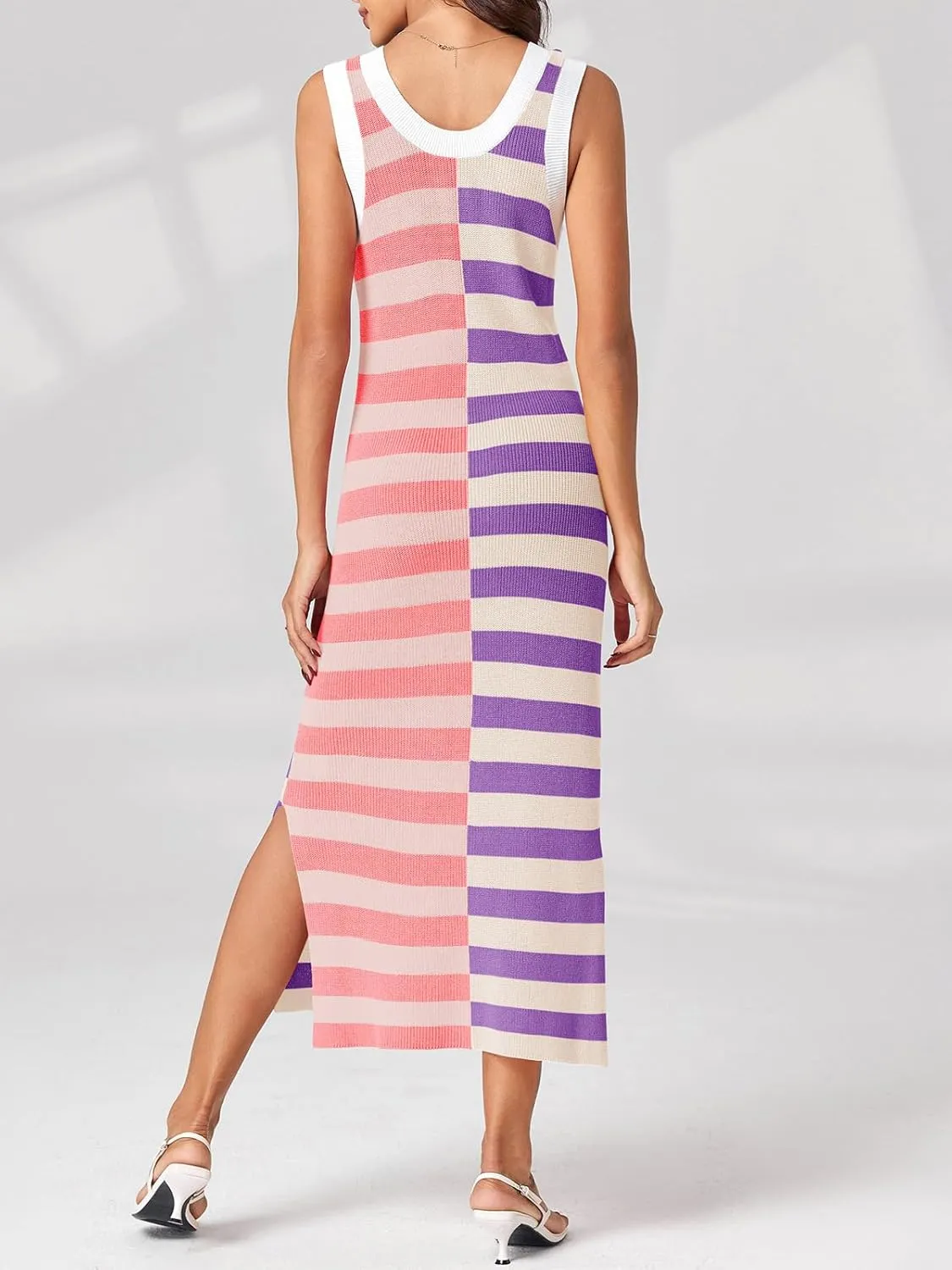 Wenrine Womens Summer Striped Dress Sleeveless Knitted Contrast Color Side Slit Casual Maxi Beach Dress