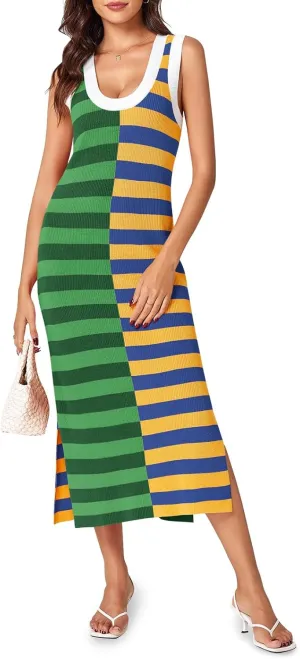 Wenrine Womens Summer Striped Dress Sleeveless Knitted Contrast Color Side Slit Casual Maxi Beach Dress