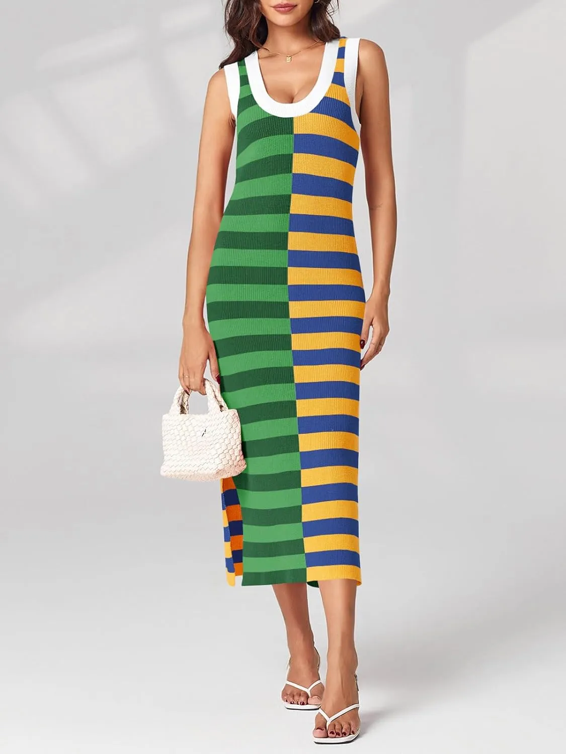 Wenrine Womens Summer Striped Dress Sleeveless Knitted Contrast Color Side Slit Casual Maxi Beach Dress