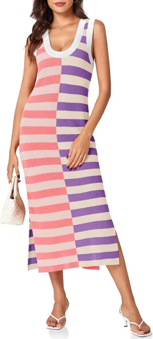 Wenrine Womens Summer Striped Dress Sleeveless Knitted Contrast Color Side Slit Casual Maxi Beach Dress