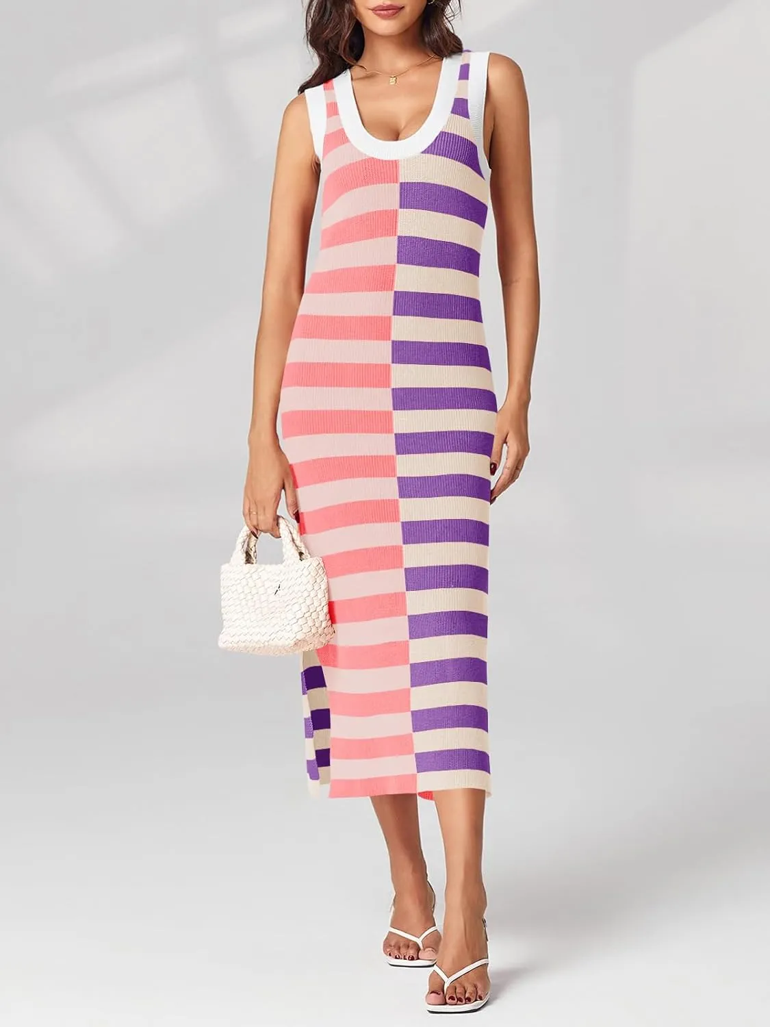 Wenrine Womens Summer Striped Dress Sleeveless Knitted Contrast Color Side Slit Casual Maxi Beach Dress