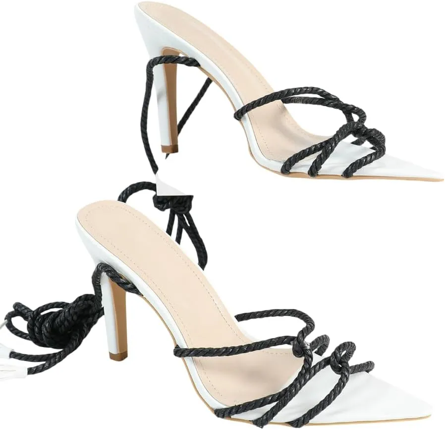 White High Heel Sandals for Women, Women's Black Rope Crisscross Strap Heels, Trendy Pointed-Toe Dressy Shoes for Parties, Evening Events & Art Exhibitions (US 6-10.5)