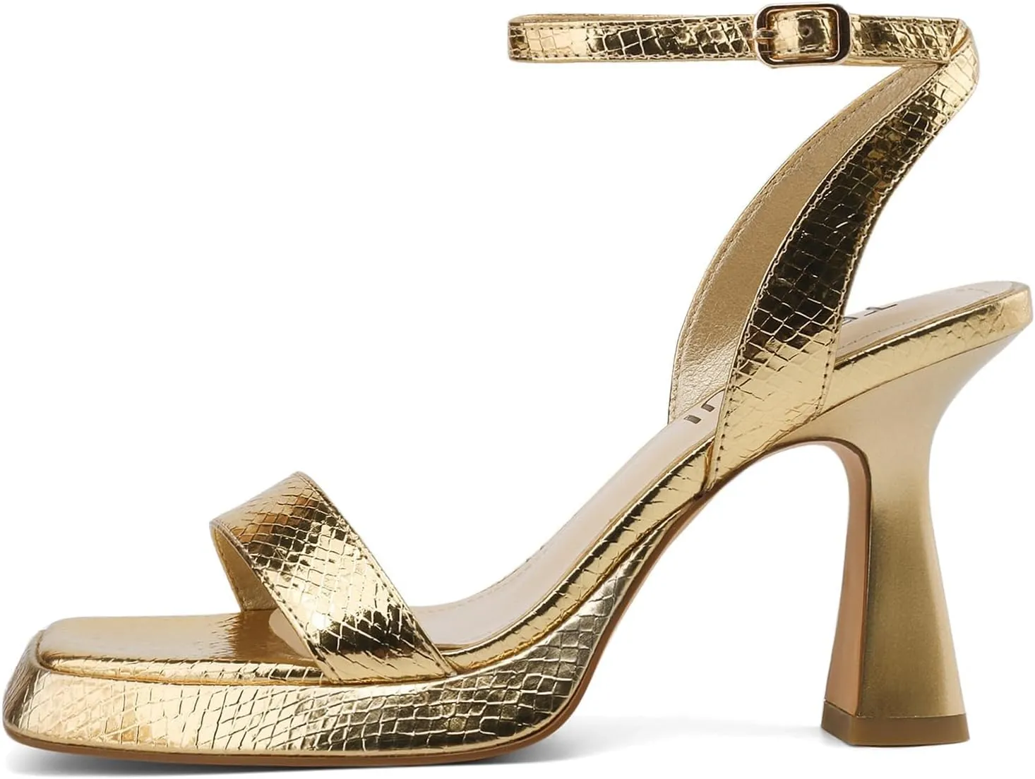 Wide Platform Heels for Women Strappy Heels Square Toe Sandals Metallic Snakeskin Chunky Flare Heels Ankle Strap Shoes, 6