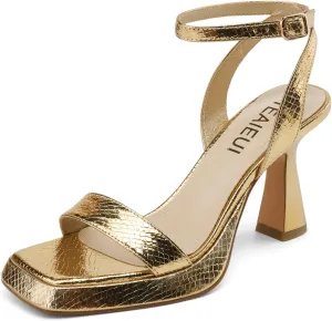 Wide Platform Heels for Women Strappy Heels Square Toe Sandals Metallic Snakeskin Chunky Flare Heels Ankle Strap Shoes, 6