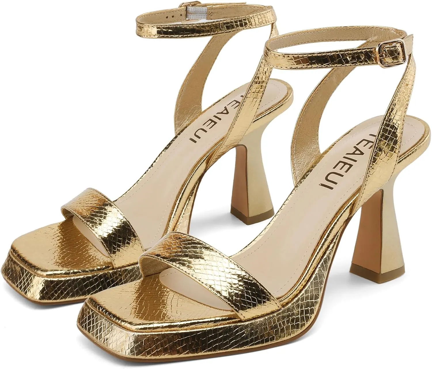 Wide Platform Heels for Women Strappy Heels Square Toe Sandals Metallic Snakeskin Chunky Flare Heels Ankle Strap Shoes, 6